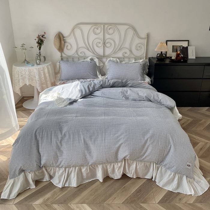 91家纺网 家纺一手货源 找家纺 洋铭区 2021新款法式清新水洗棉四件套 蓝莓格