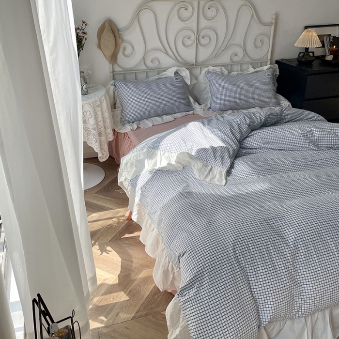 91家纺网 家纺一手货源 找家纺 洋铭区 2021新款法式清新水洗棉四件套 蓝莓格