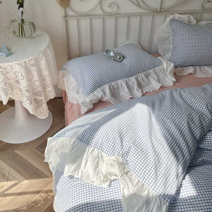 91家纺网 家纺一手货源 找家纺 洋铭区 2021新款法式清新水洗棉四件套 蓝莓格