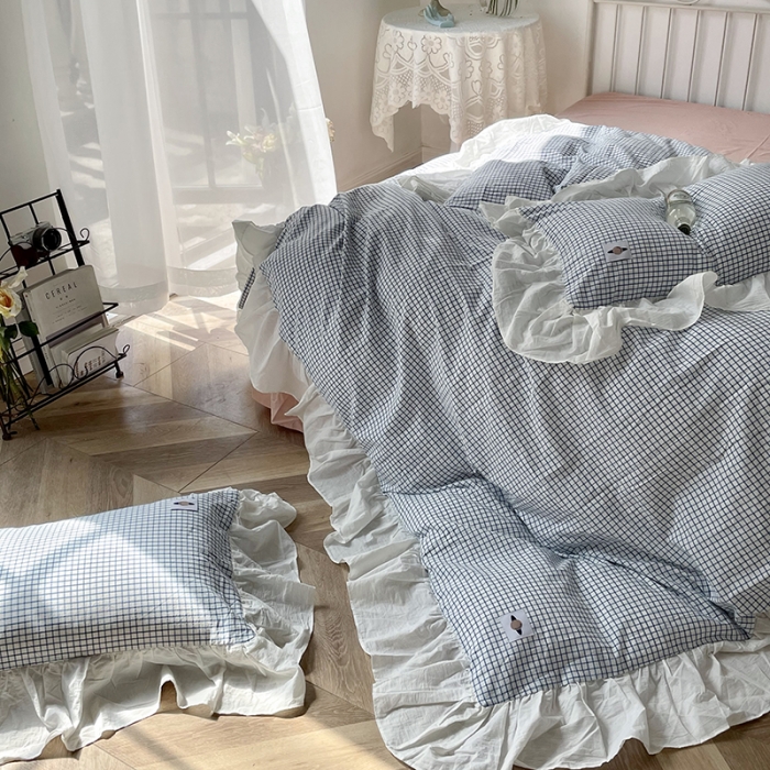 91家纺网 家纺一手货源 找家纺 洋铭区 2021新款法式清新水洗棉四件套 蓝莓格