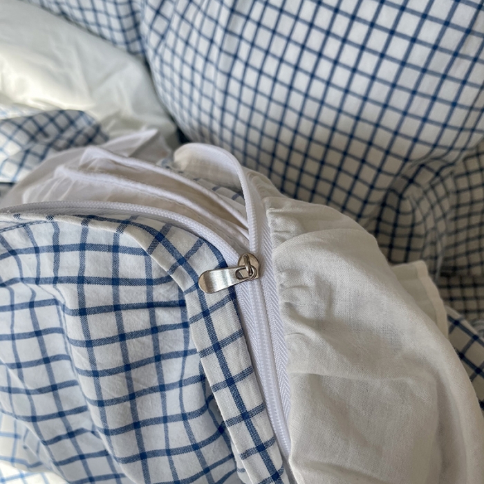 91家纺网 家纺一手货源 找家纺 洋铭区 2021新款法式清新水洗棉四件套 蓝莓格