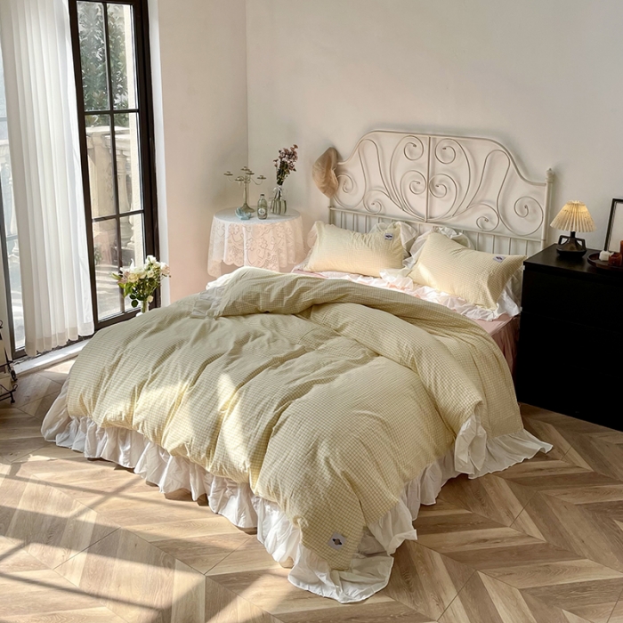 91家纺网 家纺一手货源 找家纺 洋铭区 2021新款法式清新水洗棉四件套 柠檬格