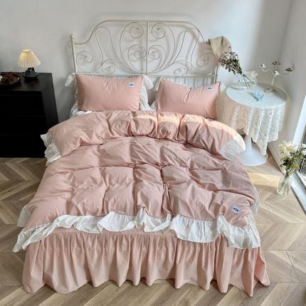 91家纺网 家纺一手货源 找家纺 洋铭区 2021新款法式清新水洗棉四件套 暖心粉