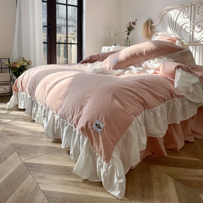 91家纺网 家纺一手货源 找家纺 洋铭区 2021新款法式清新水洗棉四件套 暖心粉