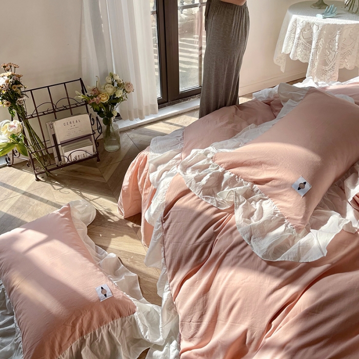 91家纺网 家纺一手货源 找家纺 洋铭区 2021新款法式清新水洗棉四件套 暖心粉