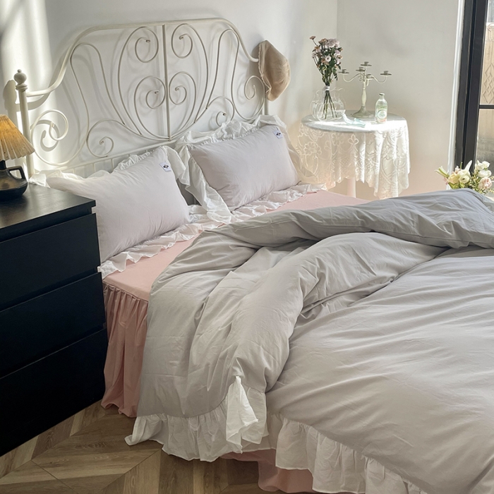 91家纺网 家纺一手货源 找家纺 洋铭区 2021新款法式清新水洗棉四件套 暖心灰