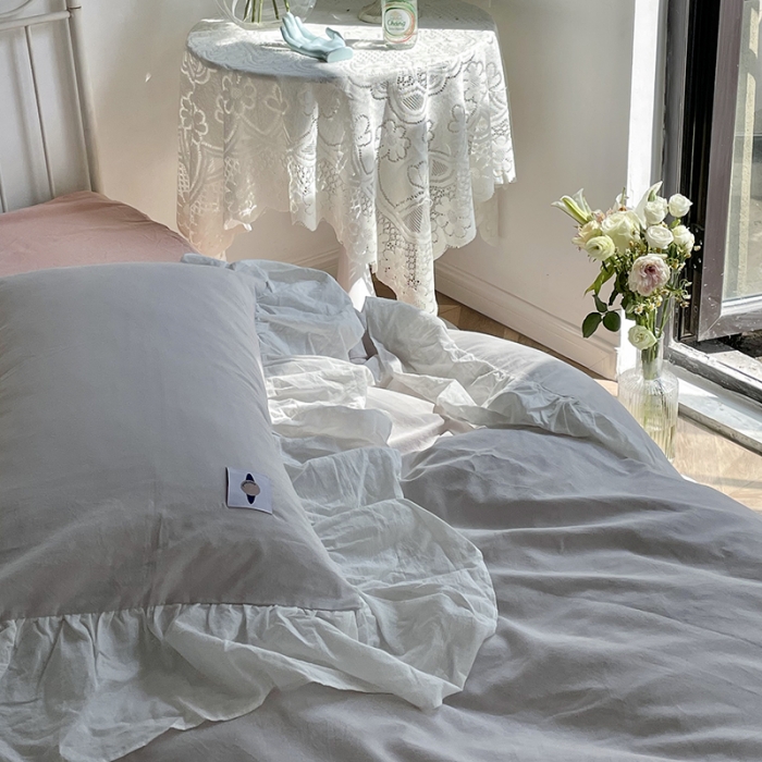 91家纺网 家纺一手货源 找家纺 洋铭区 2021新款法式清新水洗棉四件套 暖心灰
