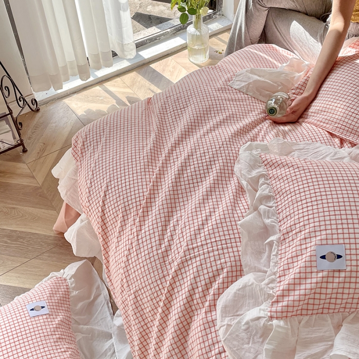 91家纺网 家纺一手货源 找家纺 洋铭区 2021新款法式清新水洗棉四件套  香橙格