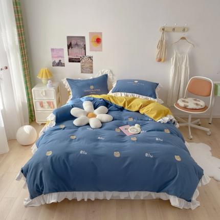 91家纺网 家纺一手货源 找家纺 蓝巢2021新款全棉水洗棉刺绣四件套公主风系列BiuBiu熊