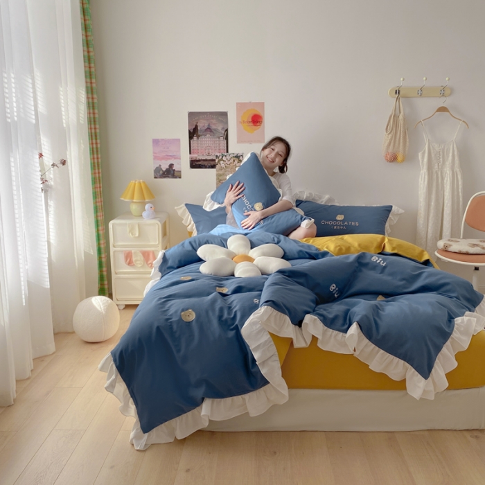 91家纺网 家纺一手货源 找家纺 蓝巢2021新款全棉水洗棉刺绣四件套公主风系列BiuBiu熊