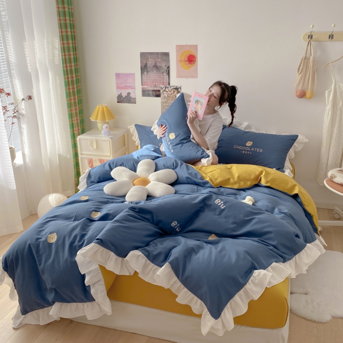 91家纺网 家纺一手货源 找家纺 蓝巢2021新款全棉水洗棉刺绣四件套公主风系列BiuBiu熊