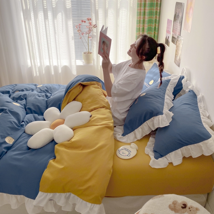 91家纺网 家纺一手货源 找家纺 蓝巢2021新款全棉水洗棉刺绣四件套公主风系列BiuBiu熊