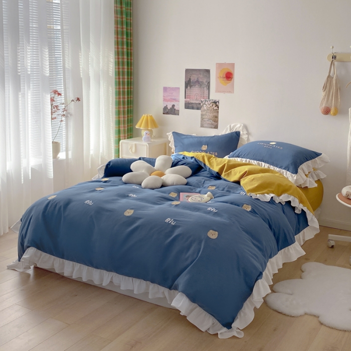 91家纺网 家纺一手货源 找家纺 蓝巢2021新款全棉水洗棉刺绣四件套公主风系列BiuBiu熊