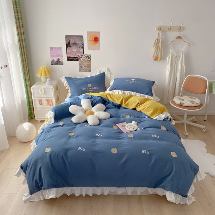 91家纺网 家纺一手货源 找家纺 蓝巢2021新款全棉水洗棉刺绣四件套公主风系列BiuBiu熊