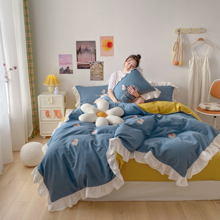 91家纺网 家纺一手货源 找家纺 蓝巢2021新款全棉水洗棉刺绣四件套公主风系列奔跑鸭鸭