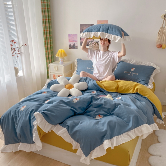 91家纺网 家纺一手货源 找家纺 蓝巢2021新款全棉水洗棉刺绣四件套公主风系列奔跑鸭鸭