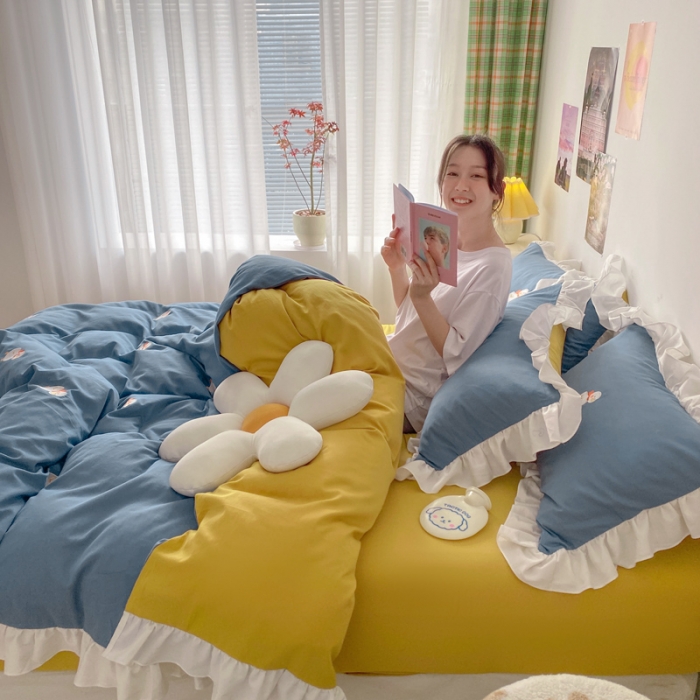 91家纺网 家纺一手货源 找家纺 蓝巢2021新款全棉水洗棉刺绣四件套公主风系列奔跑鸭鸭