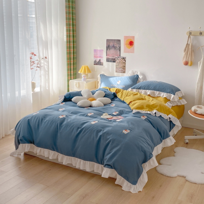 91家纺网 家纺一手货源 找家纺 蓝巢2021新款全棉水洗棉刺绣四件套公主风系列奔跑鸭鸭