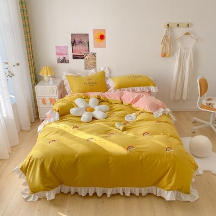 91家纺网 家纺一手货源 找家纺 蓝巢2021新款全棉水洗棉刺绣四件套公主风系列彩虹朵