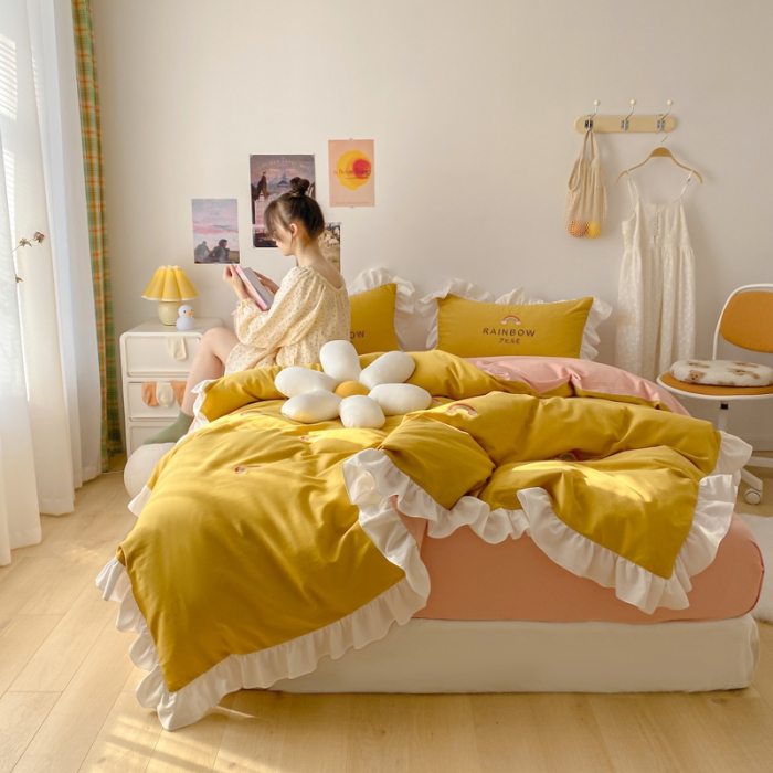 91家纺网 家纺一手货源 找家纺 蓝巢2021新款全棉水洗棉刺绣四件套公主风系列彩虹朵