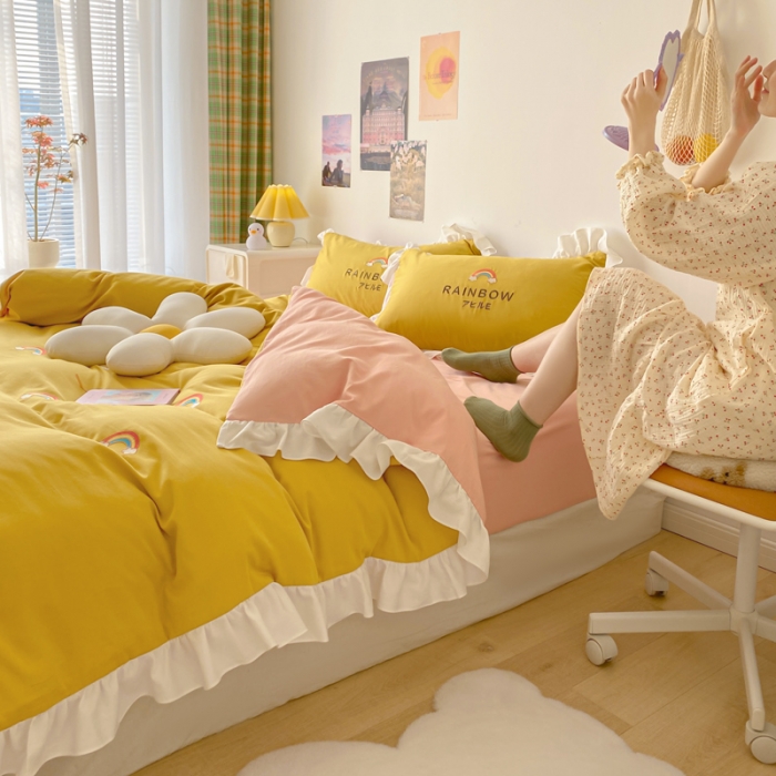 91家纺网 家纺一手货源 找家纺 蓝巢2021新款全棉水洗棉刺绣四件套公主风系列彩虹朵