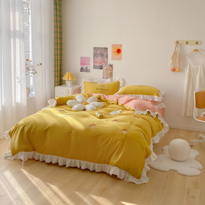 91家纺网 家纺一手货源 找家纺 蓝巢2021新款全棉水洗棉刺绣四件套公主风系列彩虹朵