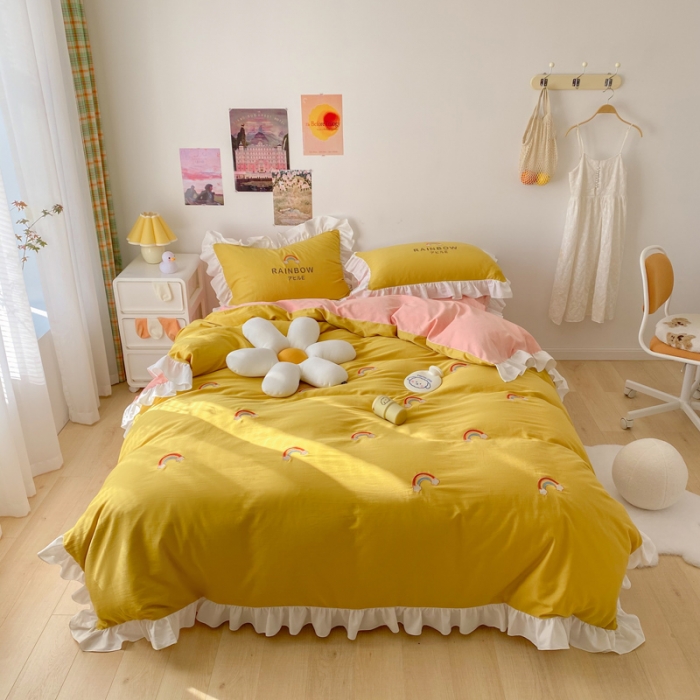 91家纺网 家纺一手货源 找家纺 蓝巢2021新款全棉水洗棉刺绣四件套公主风系列彩虹朵