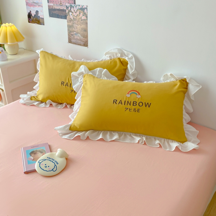 91家纺网 家纺一手货源 找家纺 蓝巢2021新款全棉水洗棉刺绣四件套公主风系列彩虹朵