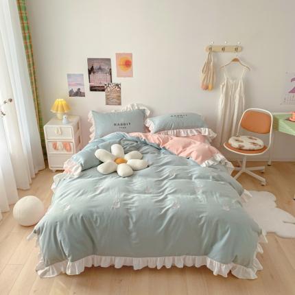 91家纺网 家纺一手货源 找家纺 蓝巢2021新款全棉水洗棉刺绣四件套公主风系列夹心兔兔