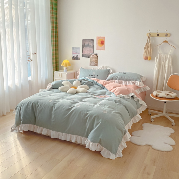 91家纺网 家纺一手货源 找家纺 蓝巢2021新款全棉水洗棉刺绣四件套公主风系列夹心兔兔