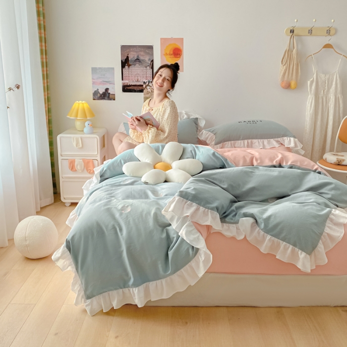 91家纺网 家纺一手货源 找家纺 蓝巢2021新款全棉水洗棉刺绣四件套公主风系列夹心兔兔