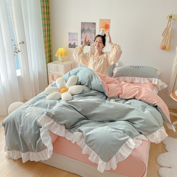 91家纺网 家纺一手货源 找家纺 蓝巢2021新款全棉水洗棉刺绣四件套公主风系列夹心兔兔