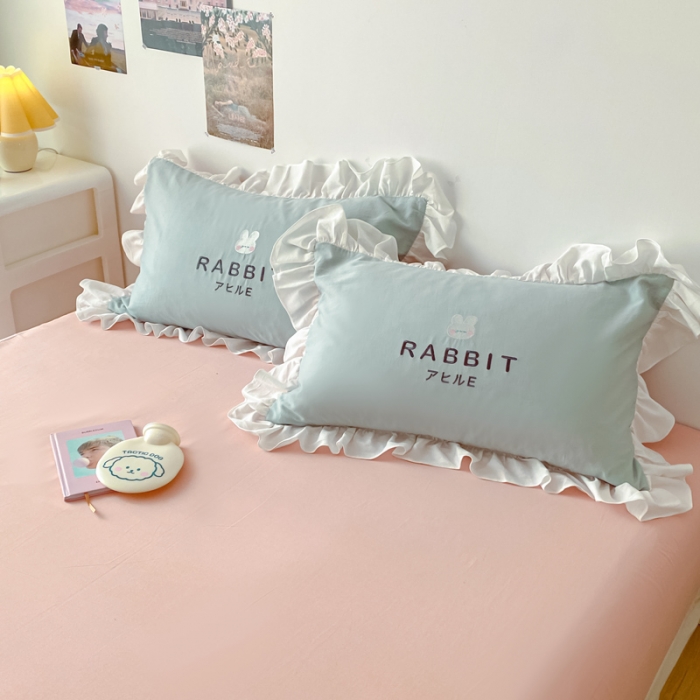 91家纺网 家纺一手货源 找家纺 蓝巢2021新款全棉水洗棉刺绣四件套公主风系列夹心兔兔