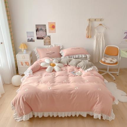 91家纺网 家纺一手货源 找家纺 蓝巢2021新款全棉水洗棉刺绣四件套公主风系列奶油小花-粉