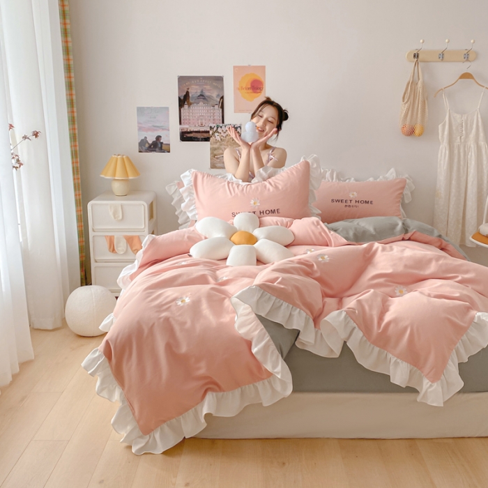 91家纺网 家纺一手货源 找家纺 蓝巢2021新款全棉水洗棉刺绣四件套公主风系列奶油小花-粉