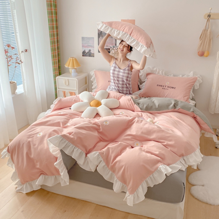 91家纺网 家纺一手货源 找家纺 蓝巢2021新款全棉水洗棉刺绣四件套公主风系列奶油小花-粉