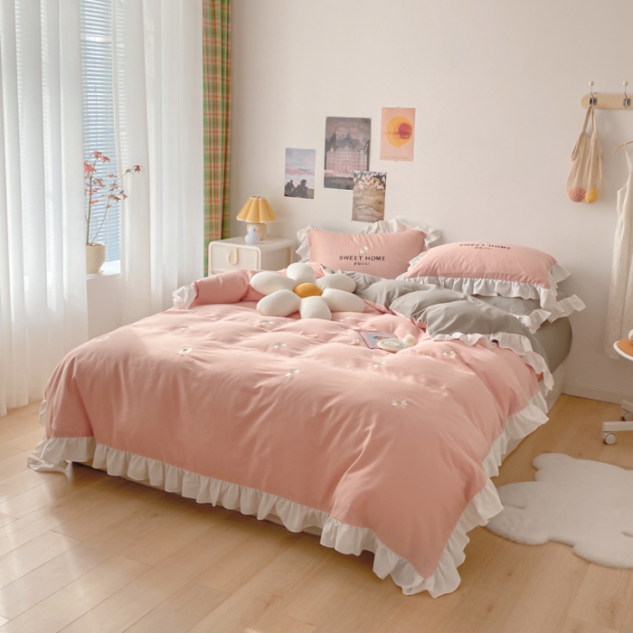 91家纺网 家纺一手货源 找家纺 蓝巢2021新款全棉水洗棉刺绣四件套公主风系列奶油小花-粉