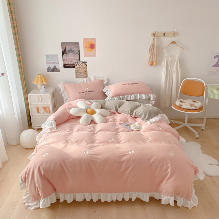 91家纺网 家纺一手货源 找家纺 蓝巢2021新款全棉水洗棉刺绣四件套公主风系列奶油小花-粉