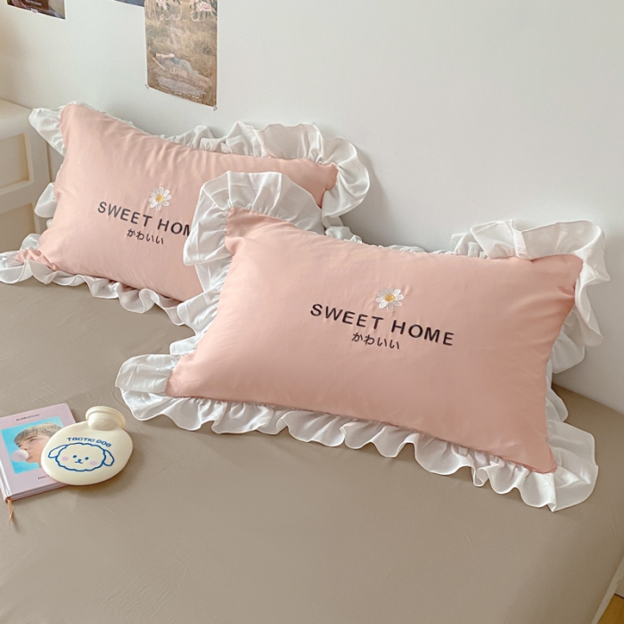 91家纺网 家纺一手货源 找家纺 蓝巢2021新款全棉水洗棉刺绣四件套公主风系列奶油小花-粉