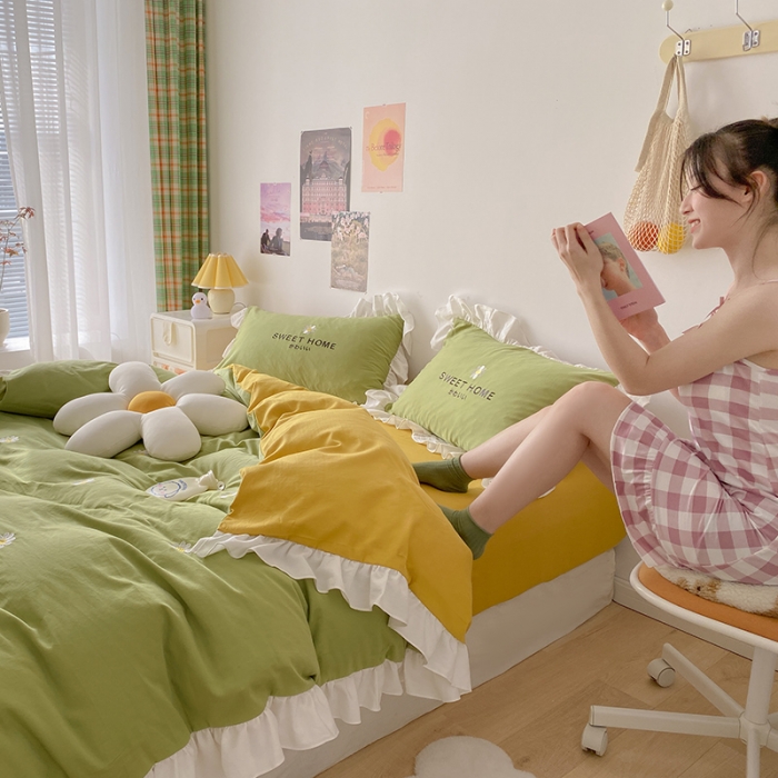 91家纺网 家纺一手货源 找家纺 蓝巢2021新款全棉水洗棉刺绣四件套公主风系列奶油小花-绿