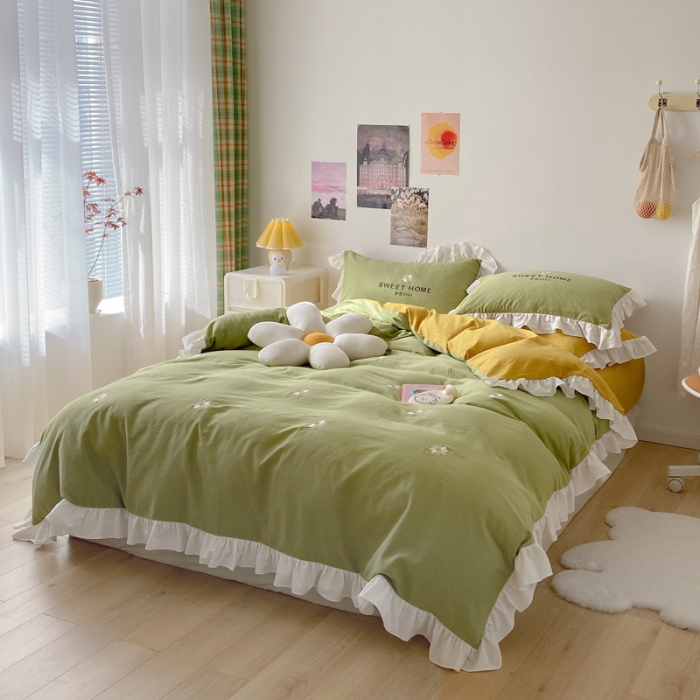 91家纺网 家纺一手货源 找家纺 蓝巢2021新款全棉水洗棉刺绣四件套公主风系列奶油小花-绿