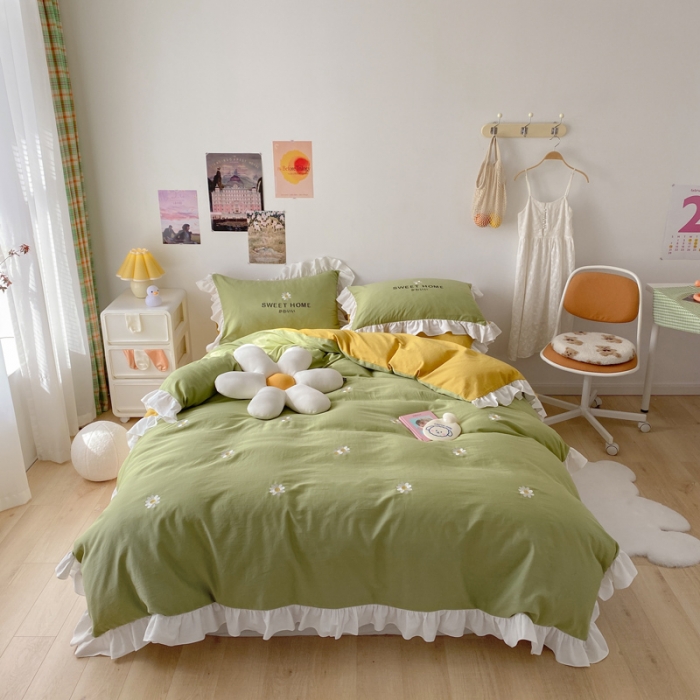 91家纺网 家纺一手货源 找家纺 蓝巢2021新款全棉水洗棉刺绣四件套公主风系列奶油小花-绿