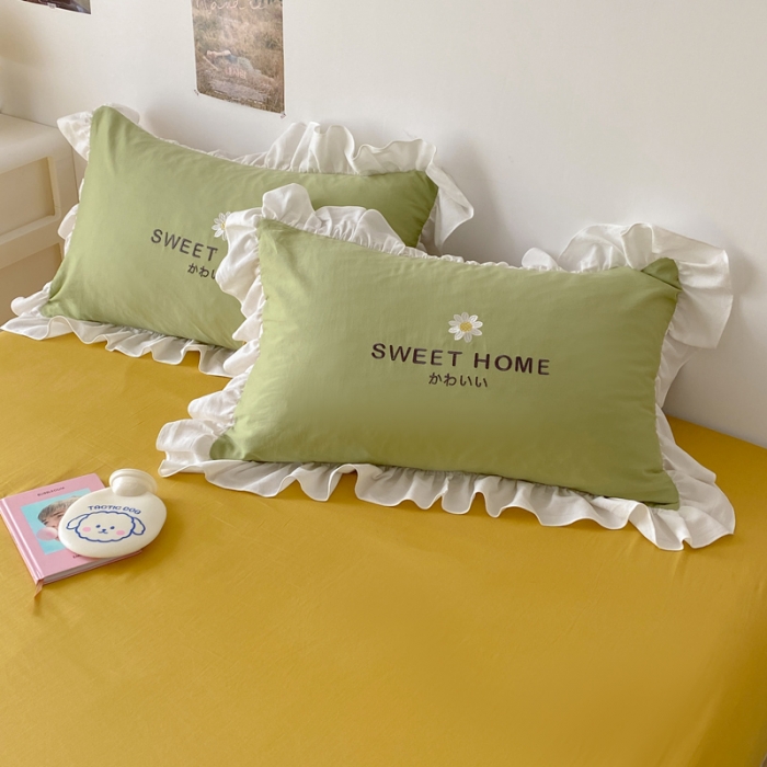 91家纺网 家纺一手货源 找家纺 蓝巢2021新款全棉水洗棉刺绣四件套公主风系列奶油小花-绿