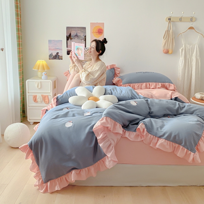 91家纺网 家纺一手货源 找家纺 蓝巢2021新款全棉水洗棉刺绣四件套公主风系列唐唐鸭