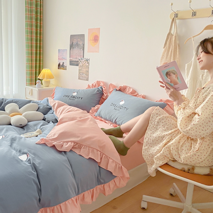 91家纺网 家纺一手货源 找家纺 蓝巢2021新款全棉水洗棉刺绣四件套公主风系列唐唐鸭