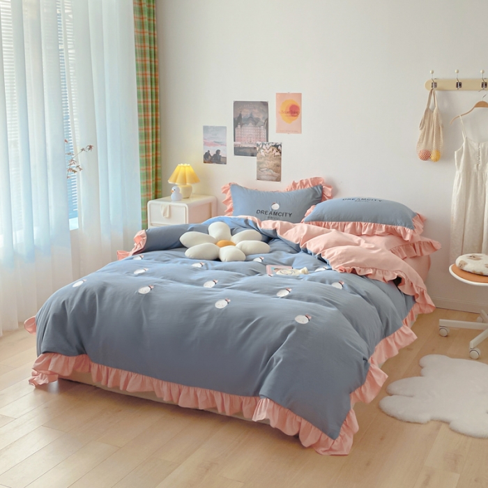 91家纺网 家纺一手货源 找家纺 蓝巢2021新款全棉水洗棉刺绣四件套公主风系列唐唐鸭