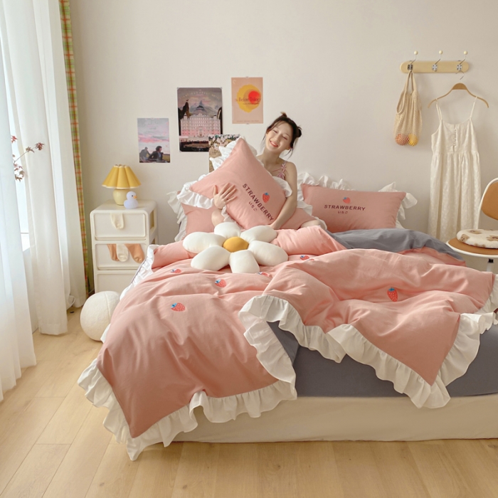 91家纺网 家纺一手货源 找家纺 蓝巢2021新款全棉水洗棉刺绣四件套公主风系列甜心草莓