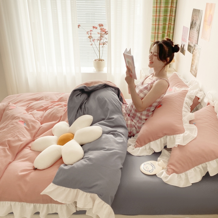 91家纺网 家纺一手货源 找家纺 蓝巢2021新款全棉水洗棉刺绣四件套公主风系列甜心草莓