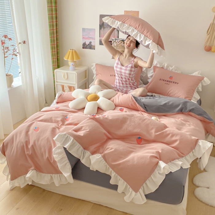 91家纺网 家纺一手货源 找家纺 蓝巢2021新款全棉水洗棉刺绣四件套公主风系列甜心草莓