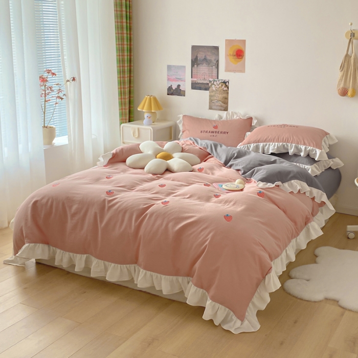 91家纺网 家纺一手货源 找家纺 蓝巢2021新款全棉水洗棉刺绣四件套公主风系列甜心草莓